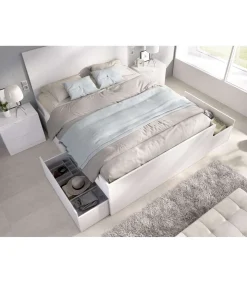 Conjunto cama matrimonio con cajones y dos mesitas Rocio acabado natural-blanco.