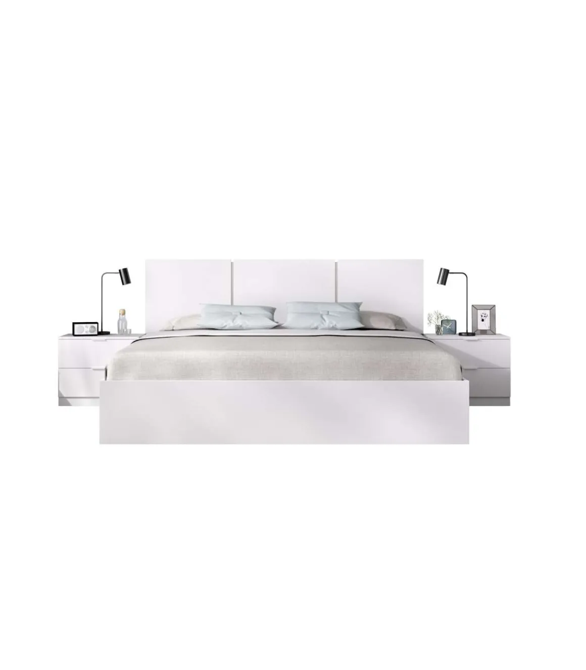 Conjunto cama matrimonio y dos mesitas Tamara acabado blanco.