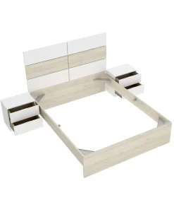 Conjunto cama matrimonio y dos mesitas Lisa acabado natural/blanco.