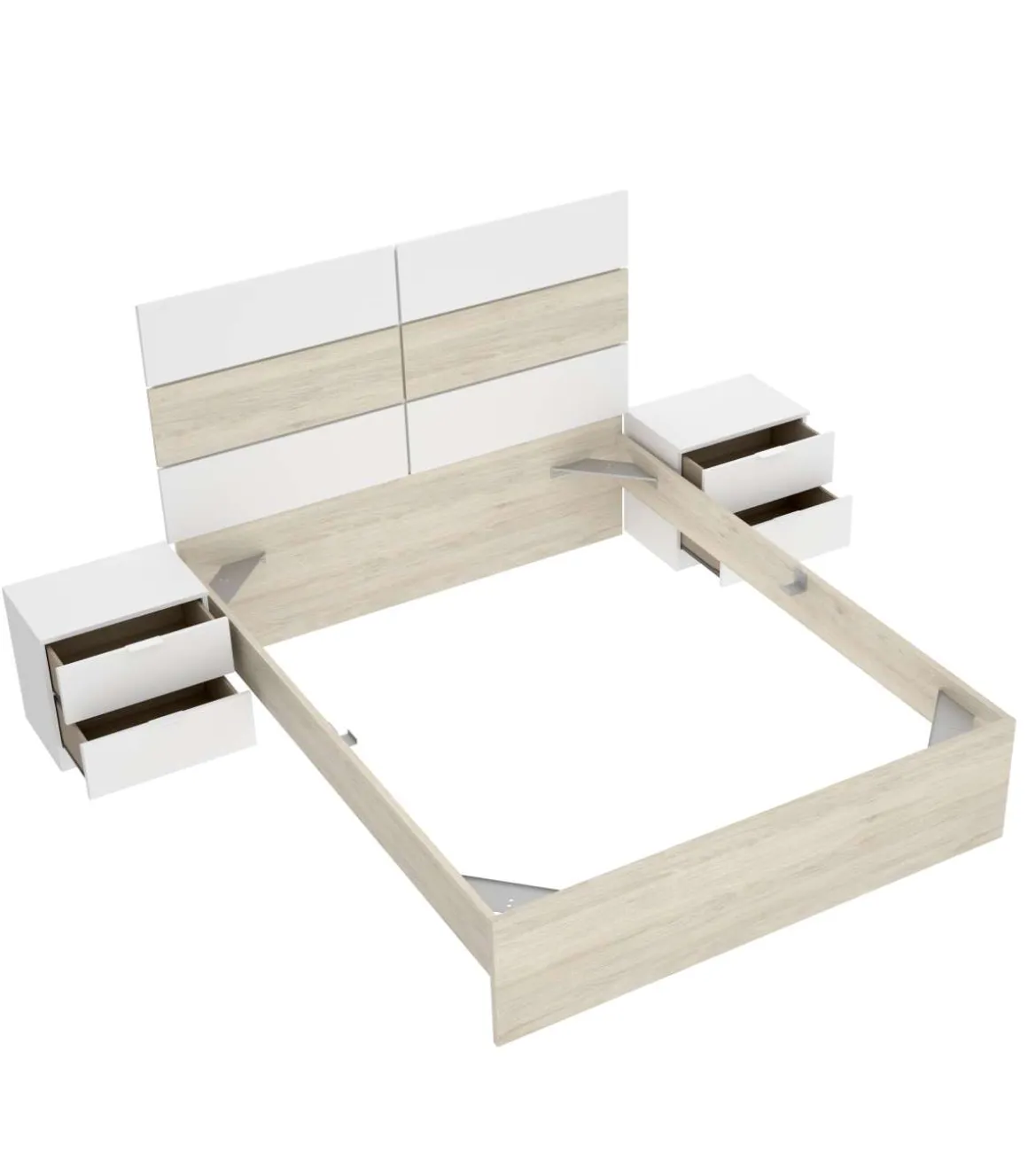Conjunto cama matrimonio y dos mesitas Lisa acabado natural/blanco.