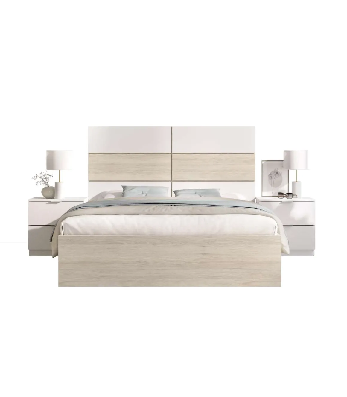 Conjunto cama matrimonio y dos mesitas Lisa acabado natural/blanco.