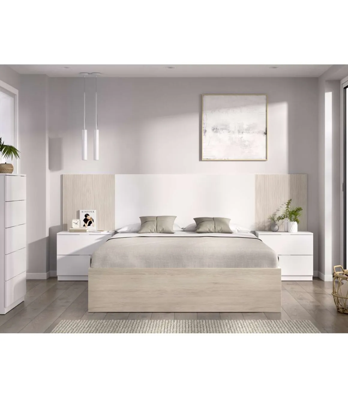 Conjunto cama, sinfonier y dos mesitas Lula acabado blanco/alistonado natural.