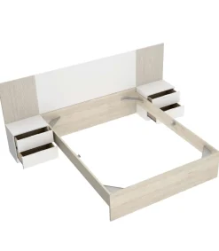 Conjunto cama, sinfonier y dos mesitas Lula acabado blanco/alistonado natural.