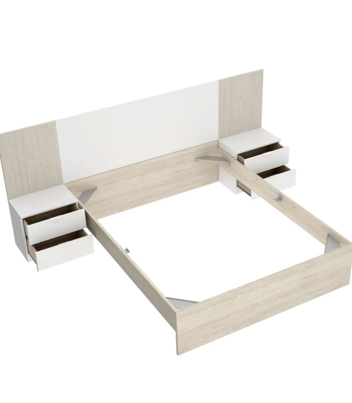 Conjunto cama, sinfonier y dos mesitas Lula acabado blanco/alistonado natural.
