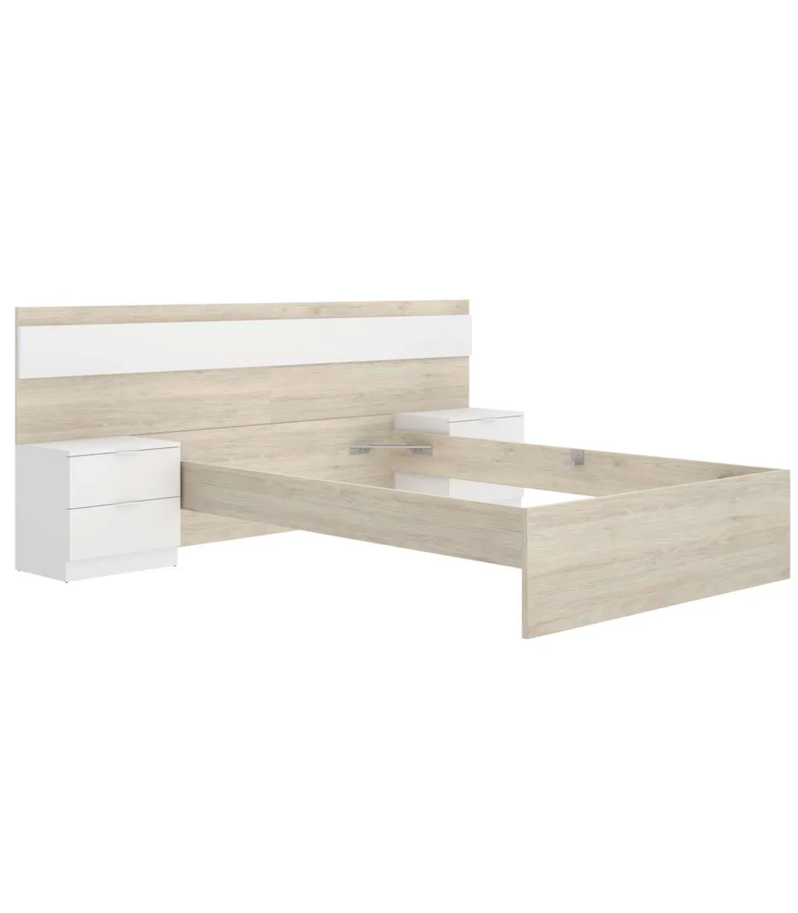 Conjunto cama y dos mesitas Lisa acabado natural/blanco.