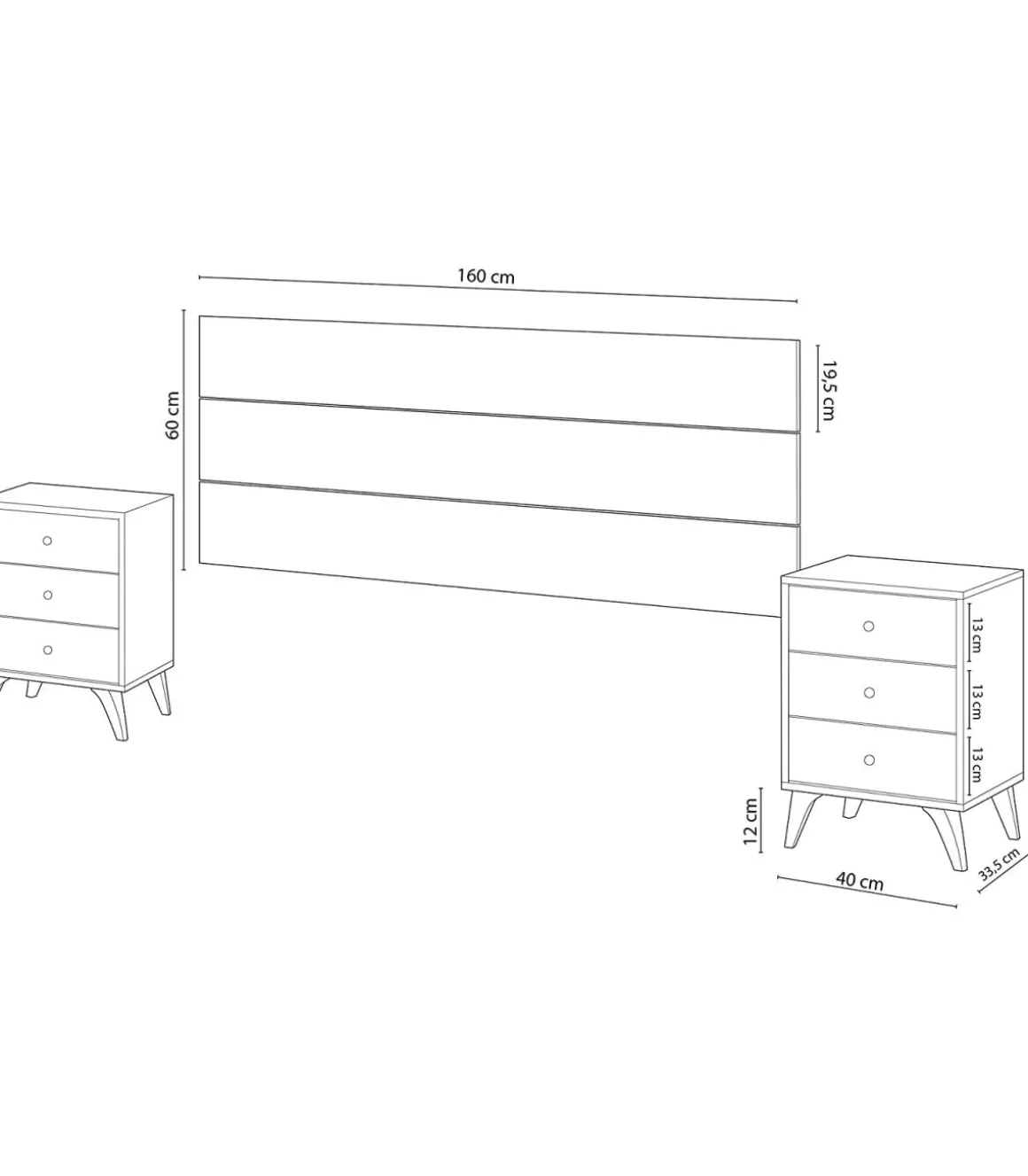 Conjunto de cabecero y dos mesitas Liss 240cm(ancho) 56/60cm(alto) 33.5cm(fondo).