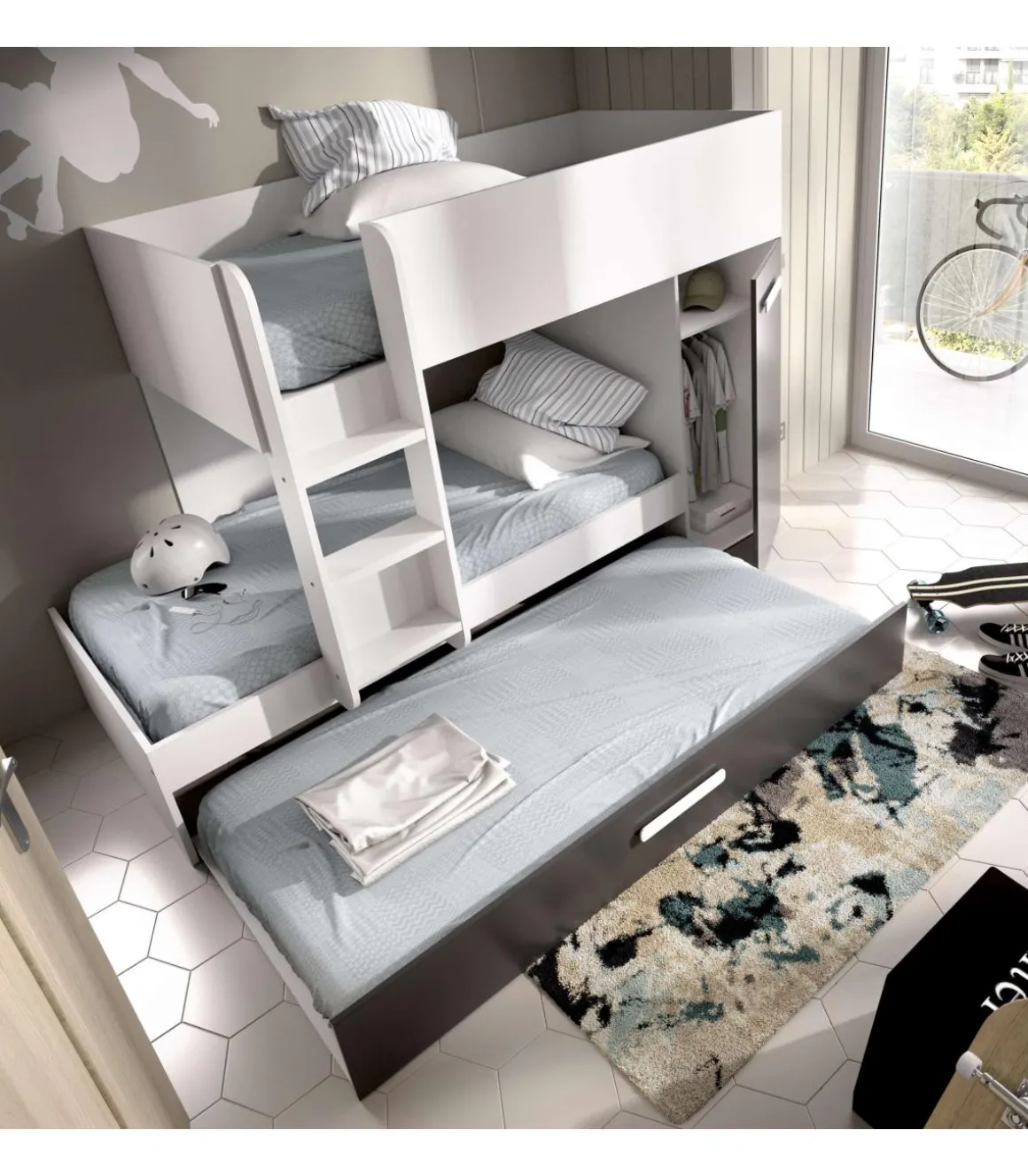 Conjunto de cama tren Orcera en blanco-grafito 150 cm(alto)243 cm(ancho)111 cm(largo)