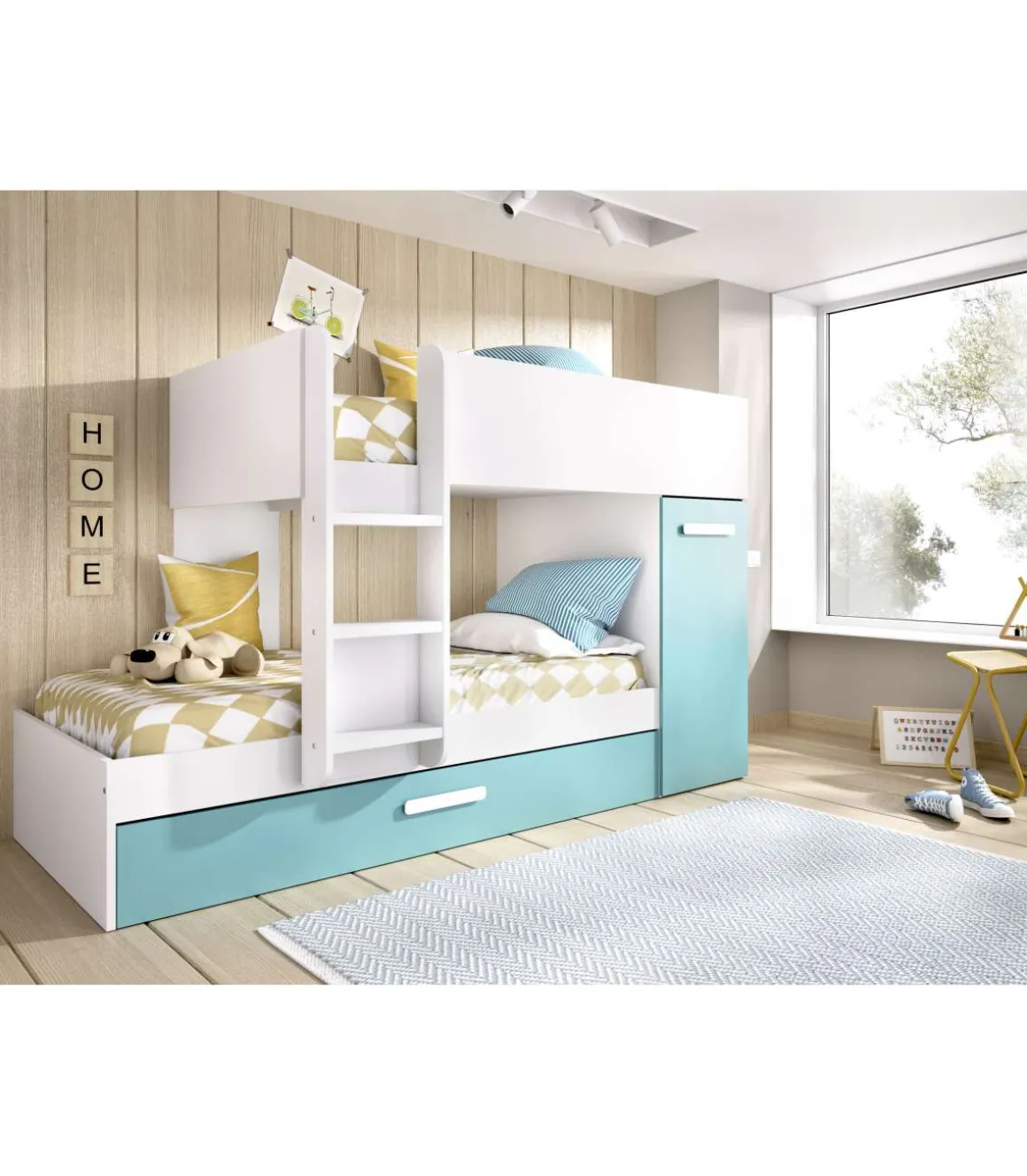Conjunto de cama tren Orcera en blanco-esmeralda 150 cm(alto)243 cm(ancho)111 cm(largo)
