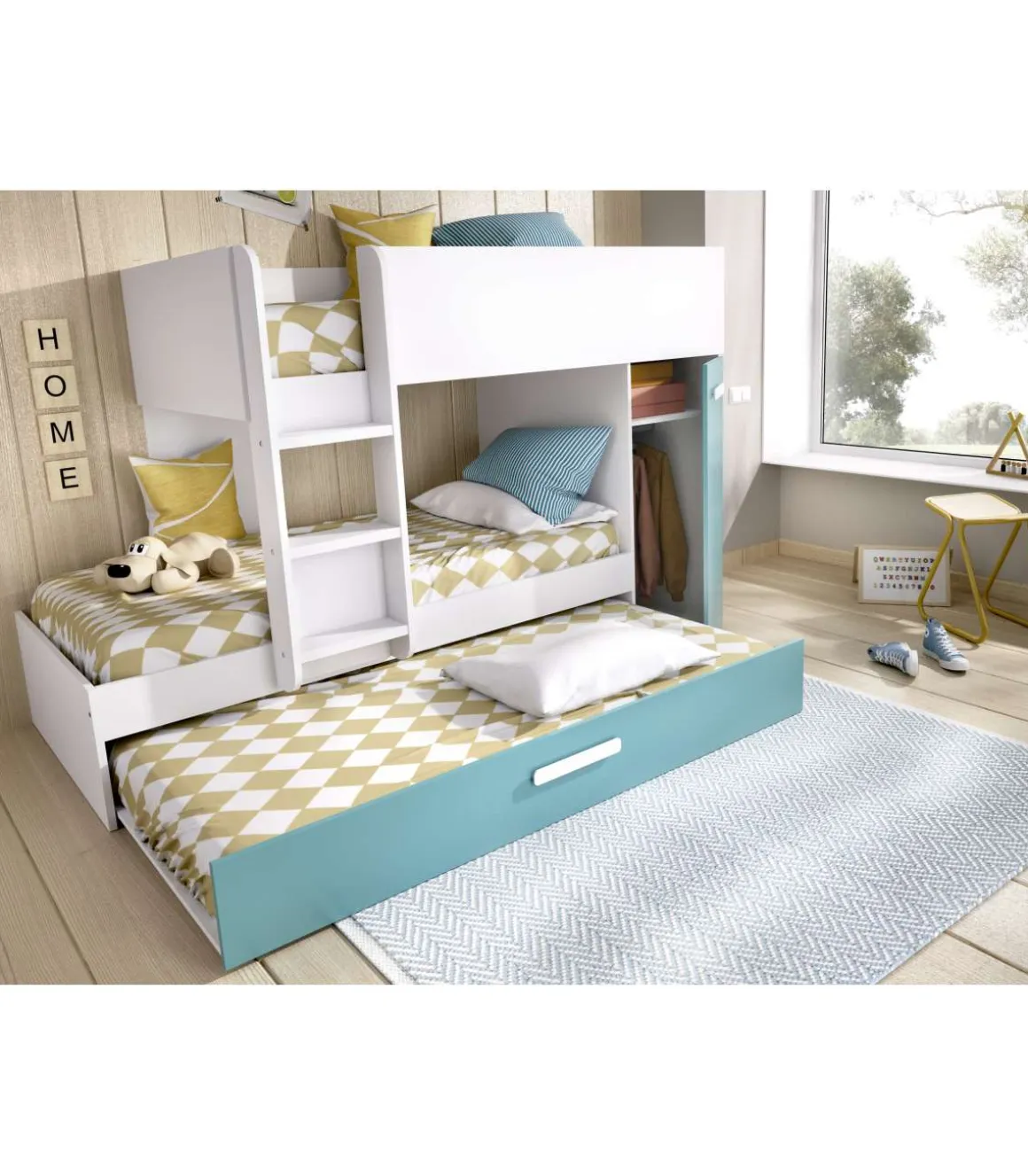 Conjunto de cama tren Orcera en blanco-esmeralda 150 cm(alto)243 cm(ancho)111 cm(largo)
