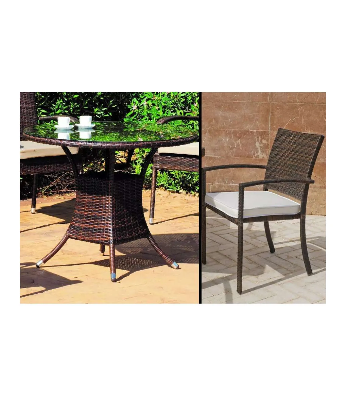 Conjunto jardín mesa y 4 sillones con cojines Bahia en ratán sintético marrón.