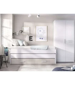 Conjunto juvenil cama compacta y armario Tenor acabado blanco/alistonado.