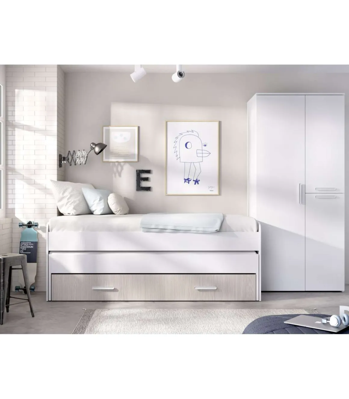 Conjunto juvenil cama compacta y armario Tenor acabado blanco/alistonado.