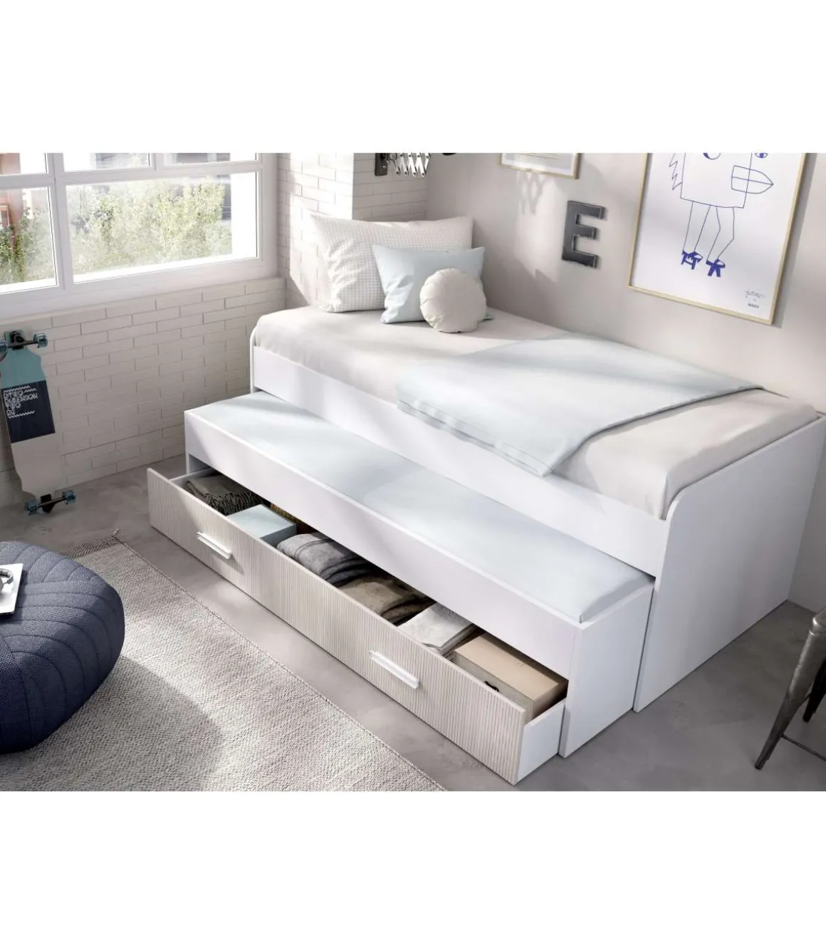 Conjunto juvenil cama compacta y armario Tenor acabado blanco/alistonado.