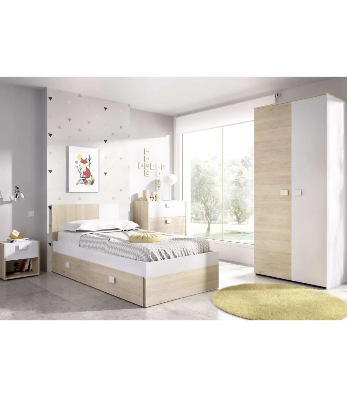 Conjunto juvenil cama con arrastre, mesita, cómoda y armario Duna-6 acabado natural/blanco.