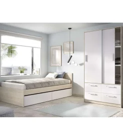 Conjunto juvenil cama con cajones y armario 2 puertas con cajones Topo-1 en acabado natural/blanco.