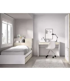 Conjunto juvenil cama de 90cm con 2 cajones, armario y escritorio Tamesis acabado natural/blanco.