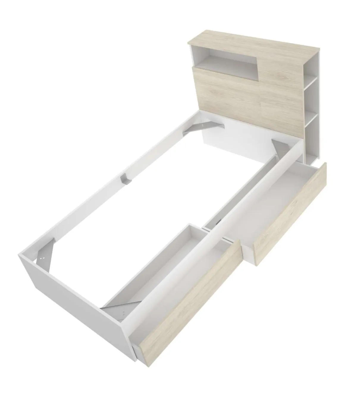 Conjunto juvenil cama de 90cm con 2 cajones, armario y escritorio Tamesis acabado natural/blanco.