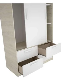 Conjunto juvenil cama de 90cm con 2 cajones, armario y escritorio Tamesis acabado natural/blanco.