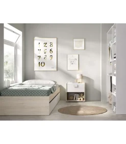 Conjunto juvenil cama de 90cm con cajones, mesita y armario vestidor Lena acabado natural-blanco.