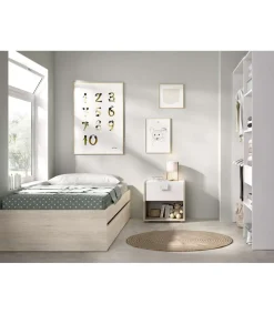 Conjunto juvenil cama de 90cm con cajones, mesita y armario vestidor Lena acabado natural.