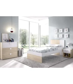 Conjunto juvenil cama de 90 cm, mesita y cómoda Duna-3 acabado natural/blanco.