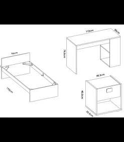Conjunto juvenil cama de 90 cm, mesita y escritorio Topo-2 acabado natural/blanco.