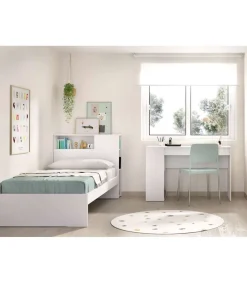 Conjunto juvenil cama de 90cm y escritorio Tamesis acabado blanco.