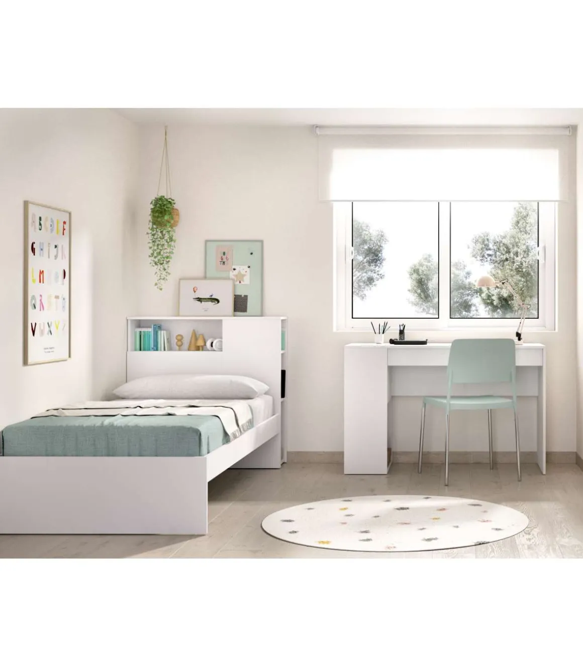 Conjunto juvenil cama de 90cm y escritorio Tamesis acabado blanco.