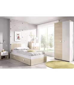 Conjunto juvenil cama de 90 con cajones, mesita, armario y cómoda Duna-4 acabado natural/blanco.
