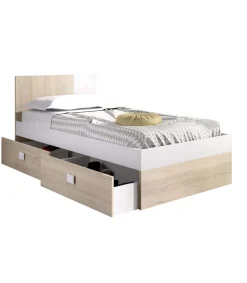 Conjunto juvenil cama de 90 con cajones, mesita, armario y cómoda Duna-4 acabado natural/blanco.