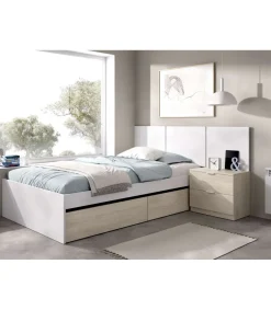Conjunto juvenil cama de 90 con cajones y mesita Tito-3 acabado natural/blanco.