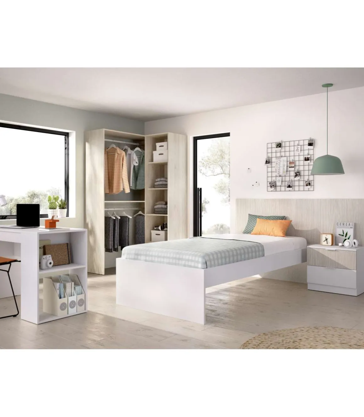 Conjunto juvenil cama, mesita, escritorio y armario vestidor Borja acabado alistonado natural/blanco.