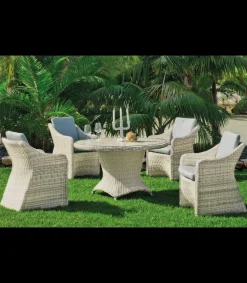 Conjunto mesa redonda + 4 sillones con cojines para terraza jardín Celebes-120/4, Médula Luxe.