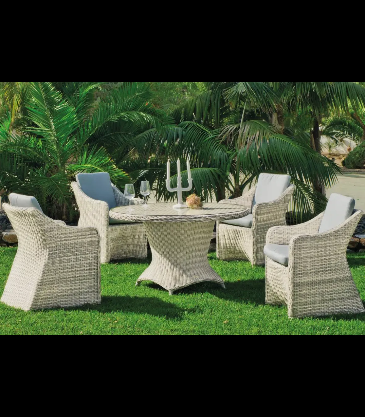 Conjunto mesa redonda + 4 sillones con cojines para terraza jardín Celebes-120/4, Médula Luxe.