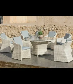 Conjunto mesa redonda + 6 sillones con cojines para terraza jardín Celebes-150/6, Médula Luxe.
