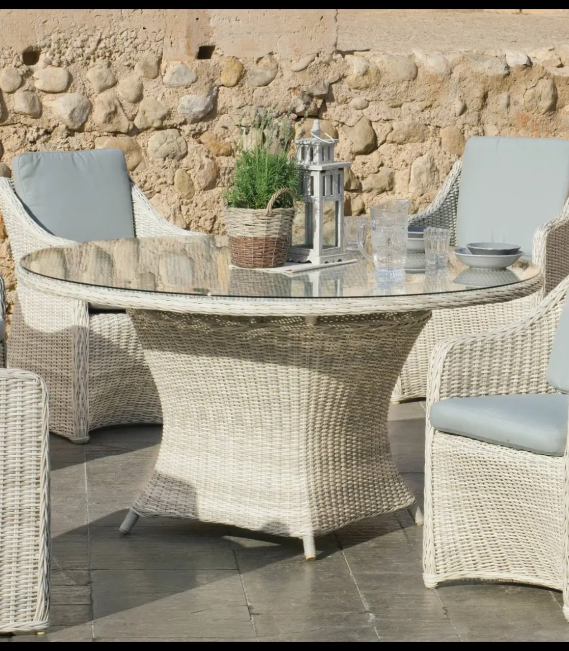 Conjunto mesa redonda + 6 sillones con cojines para terraza jardín Celebes-150/6, Médula Luxe.
