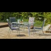 Conjunto mesa + 4 sillones acero Seul-150/4, en acabado color plata.