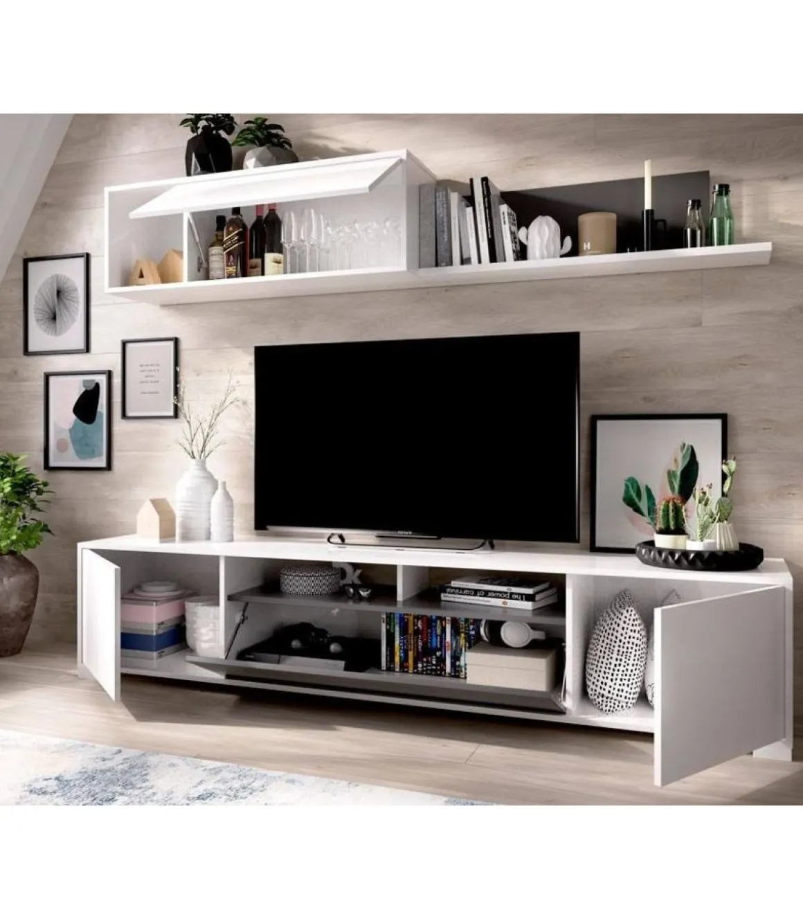 Conjunto mueble salon television Fuerte del Rey en blanco brillo y grafito 180 cm(alto)200 cm(ancho)41 cm(fondo)