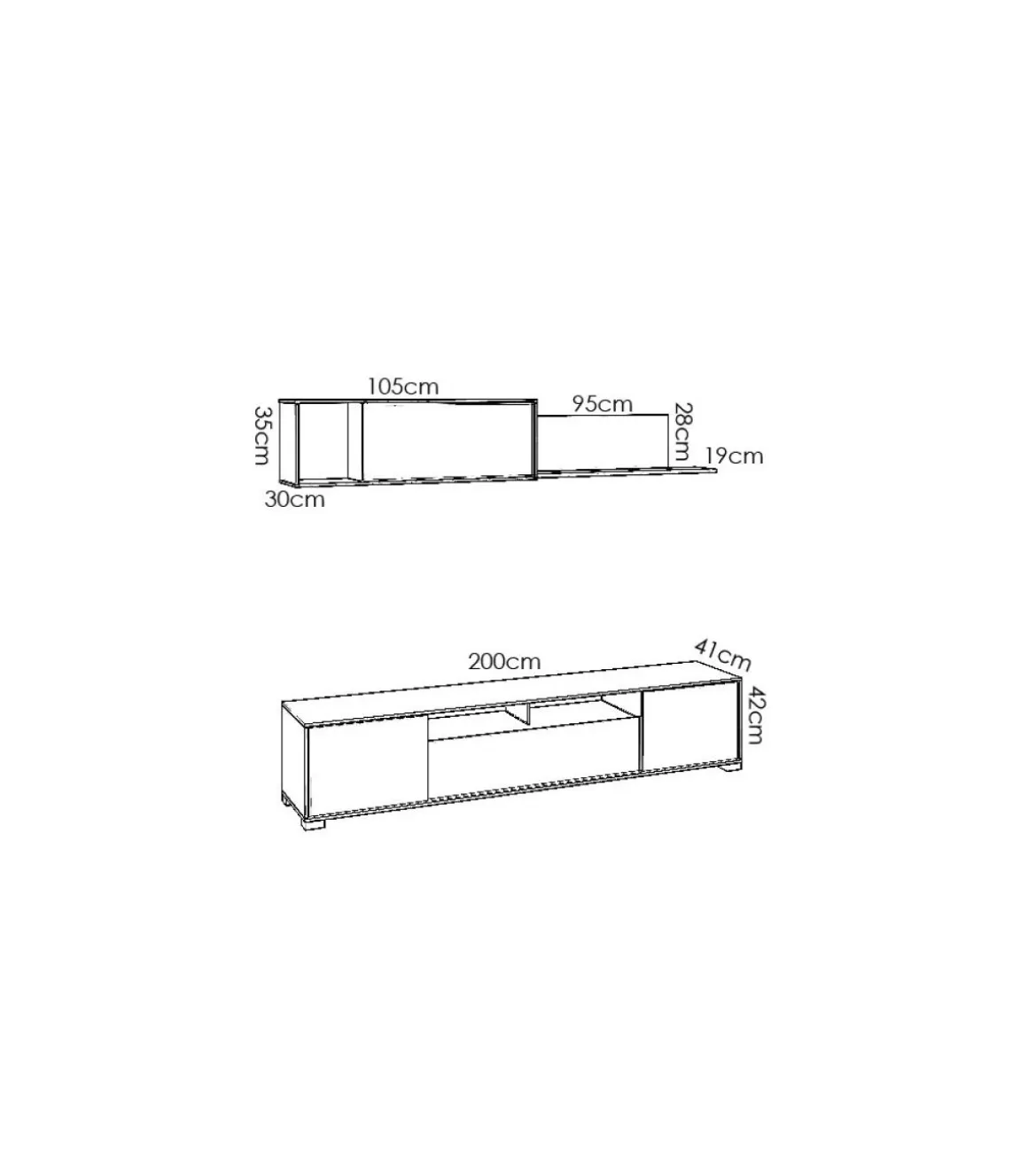 Conjunto mueble salon television Fuerte del Rey en blanco brillo y grafito 180 cm(alto)200 cm(ancho)41 cm(fondo)