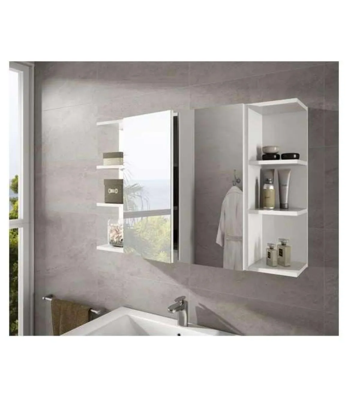 Conjunto muebles camerino Sulf 2 puertas espejo y 2 rinconeros acabado blanco brillo,
