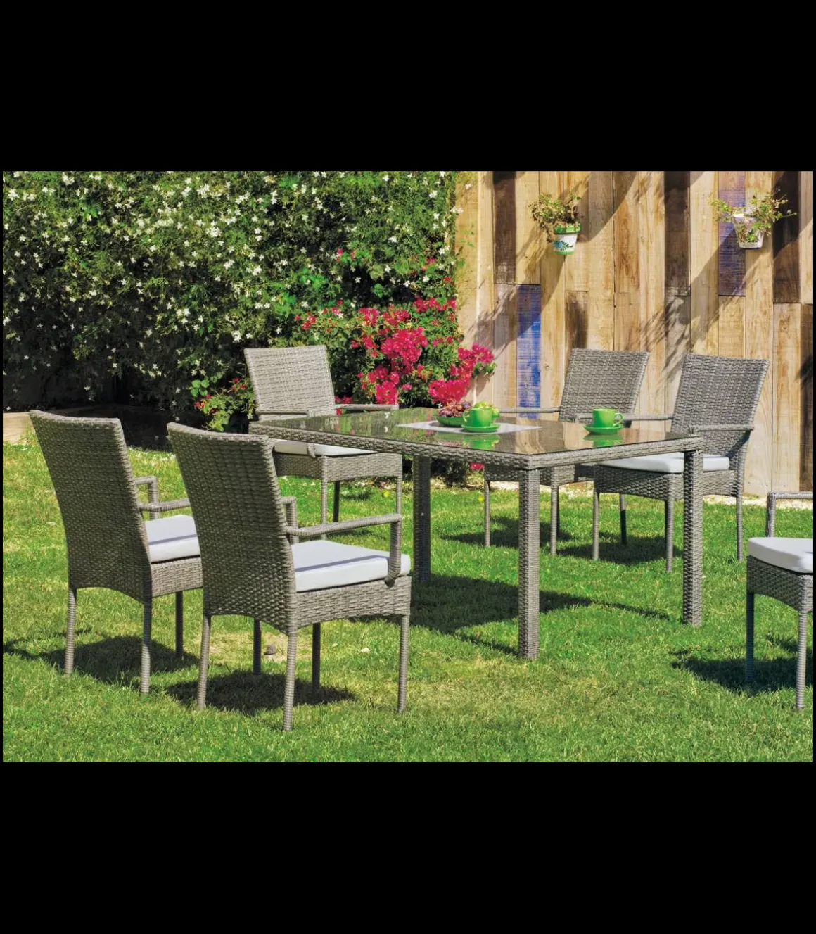 Conjunto para jardín de mesa+4 sillones+4 cojines Mali acabado rattan sintetico gris.