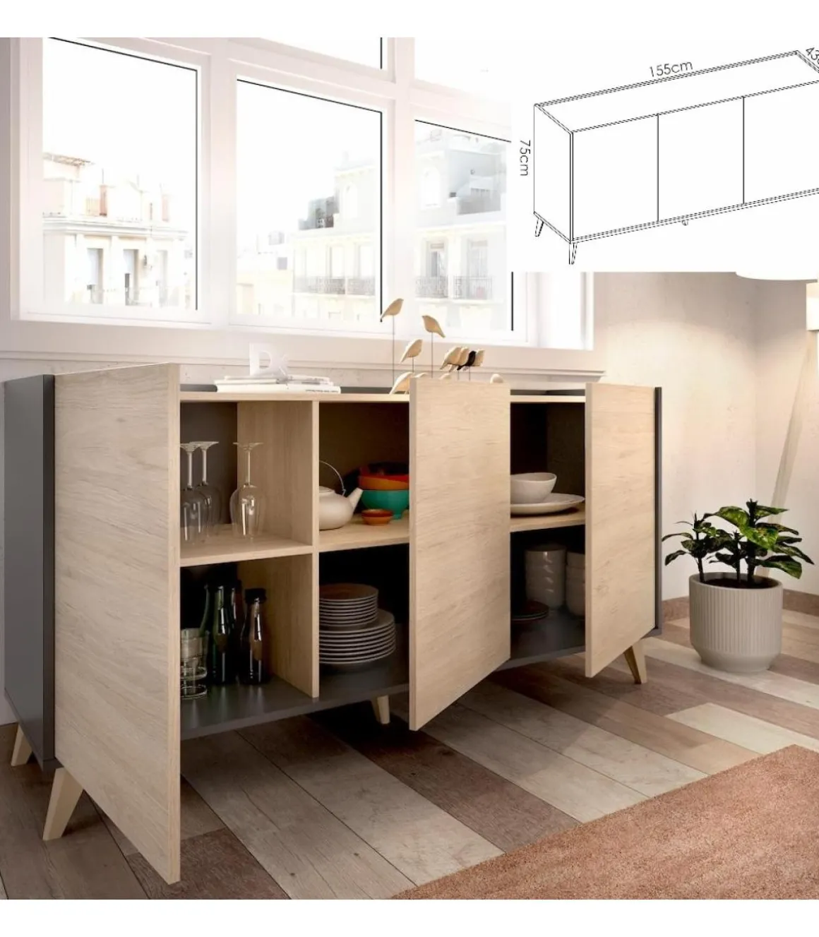 Conjunto salón Cazalilla-6: aparador, mueble TV y mesa centro acabado natural/grafito.