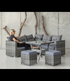 Conjunto sofá rinconera 5 plazas + 2 taburetes +mesa en huitex color gris, Marau.