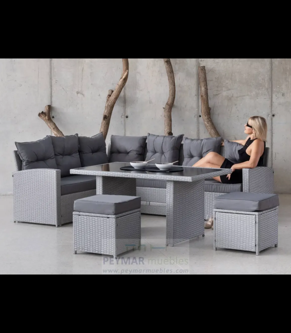 Conjunto sofá rinconera 6 plazas + 2 taburetes +mesa en huitex color gris, Vernis.