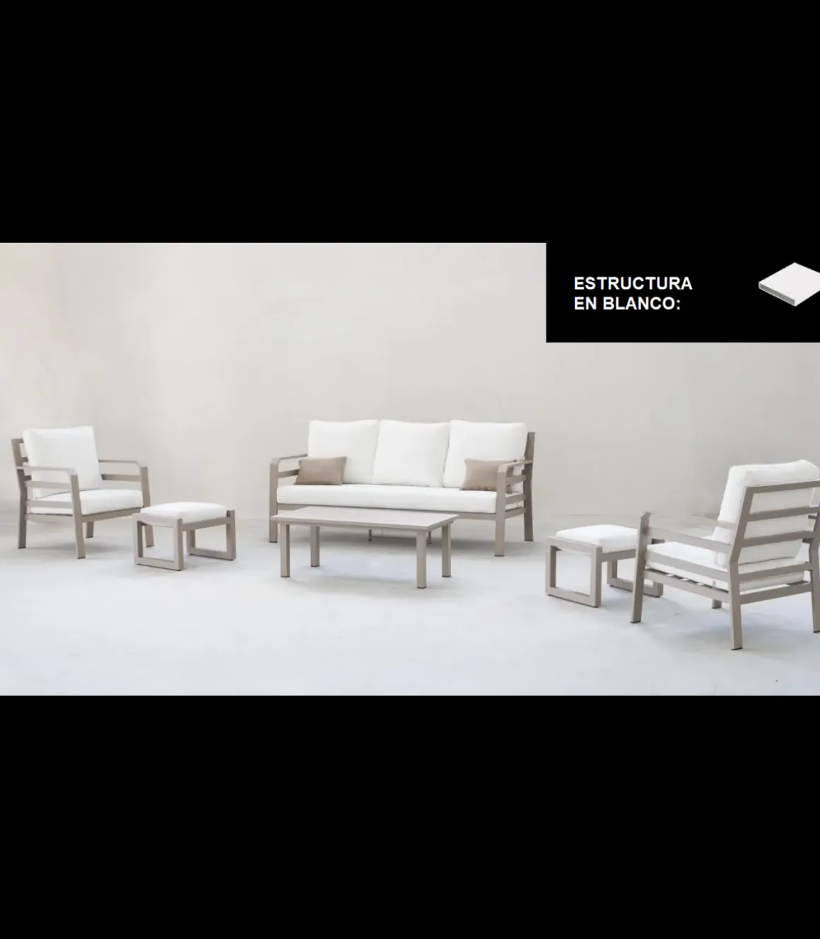 Conjunto terraza jardín aluminio Kravi-8 con estructura en blanco.