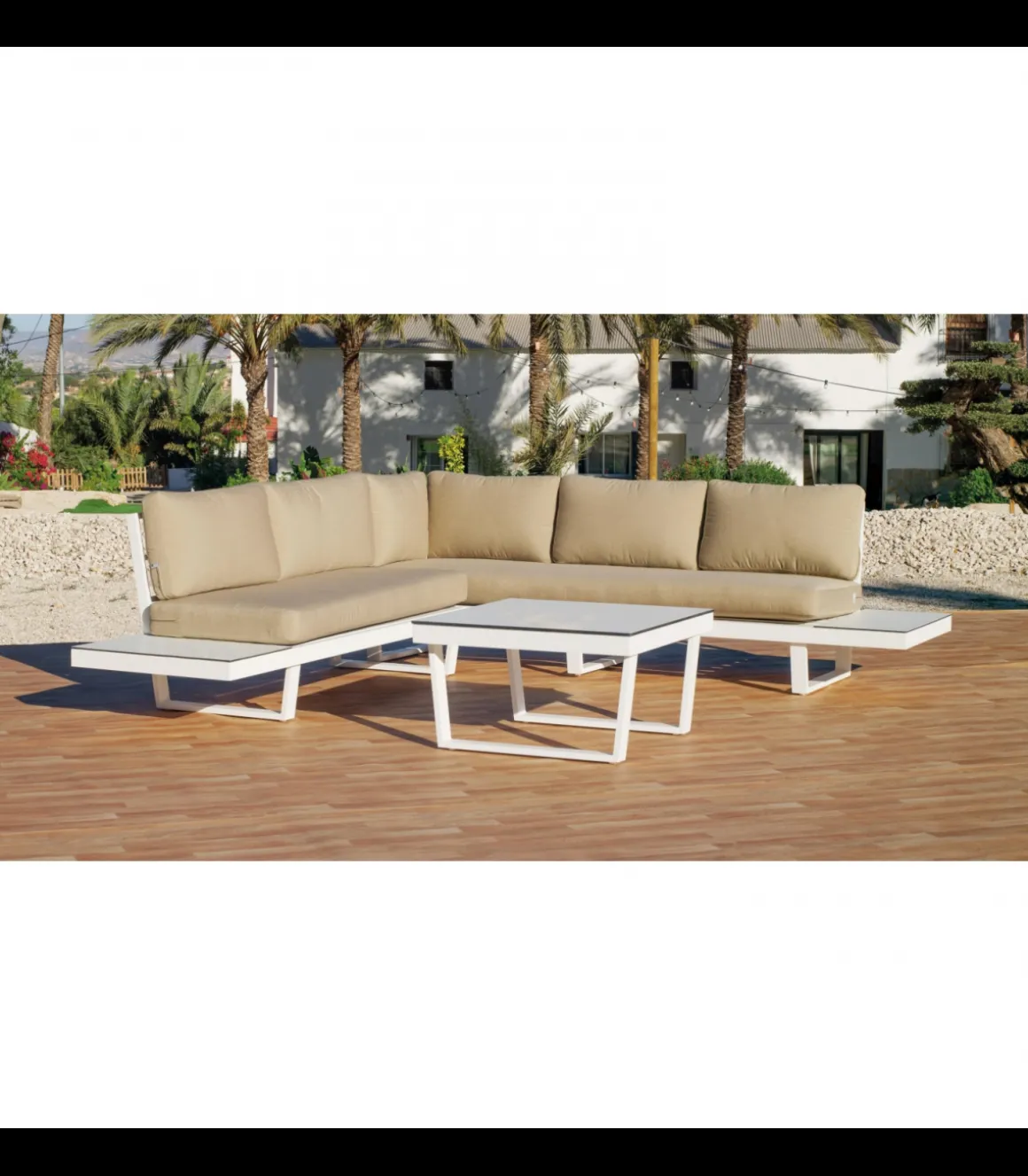 Conjunto terraza jardín aluminio Loira-7 con estructura en blanco.