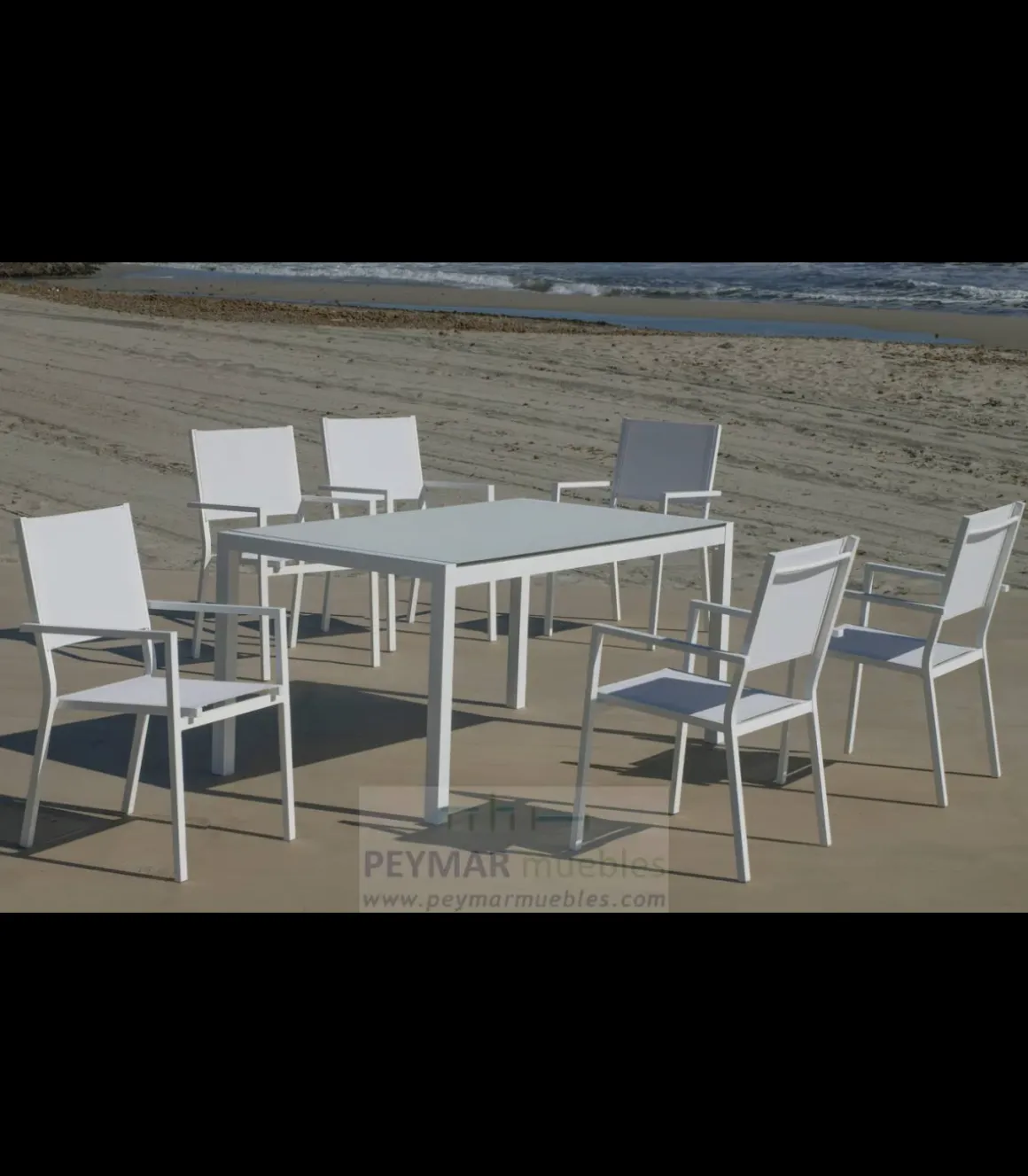 Conjunto terraza jardín mesa 160X90 + 4 sillones modelo Córcega aluminio blanco.