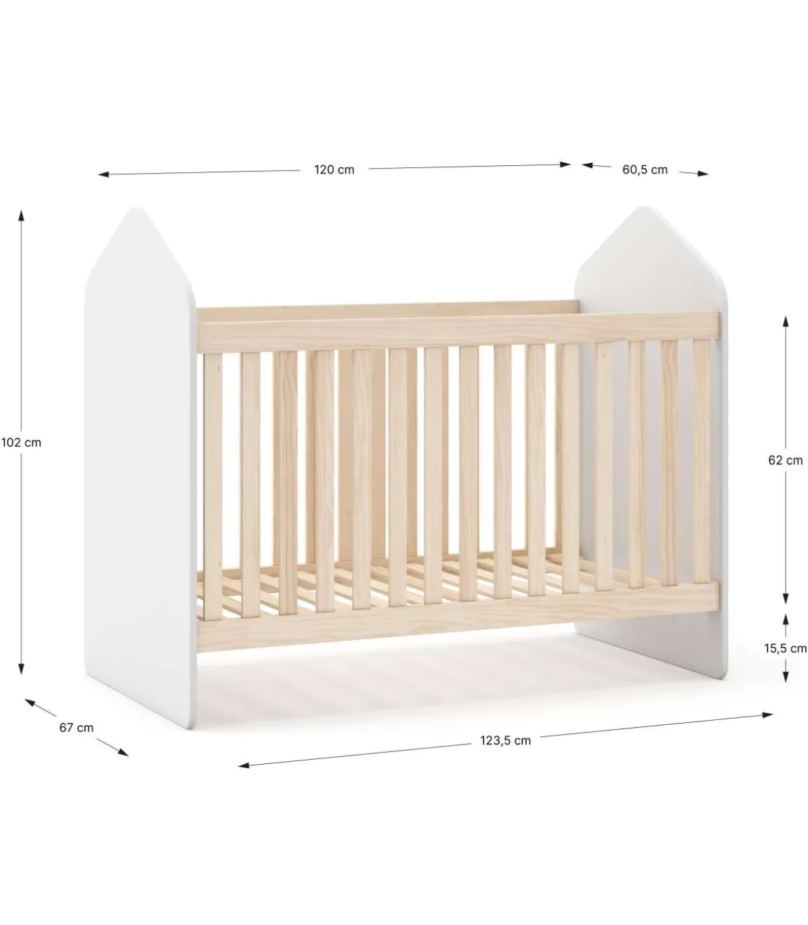 Cuna infantil Estela acabado blanco/cera blanca, 102cm(alto) 66.5cm(ancho) 123.8cm(fondo)