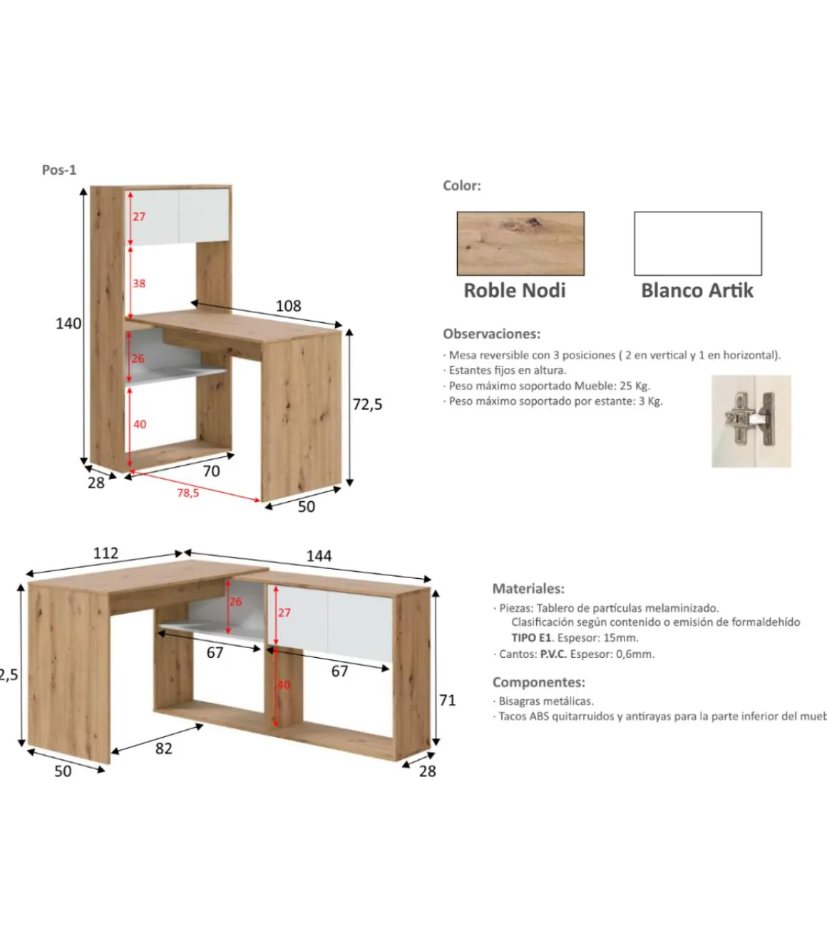 Escritorio con estantería reversible Gema en blanco artik y roble nordi 72,5 cm (alto) x 112 cm (ancho) x 144 cm (prof.)