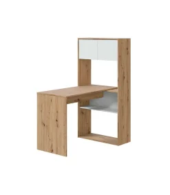 Escritorio con estantería reversible Gema en blanco artik y roble nordi 140 cm (alto) x 108 cm (ancho) x 70 cm (prof.)